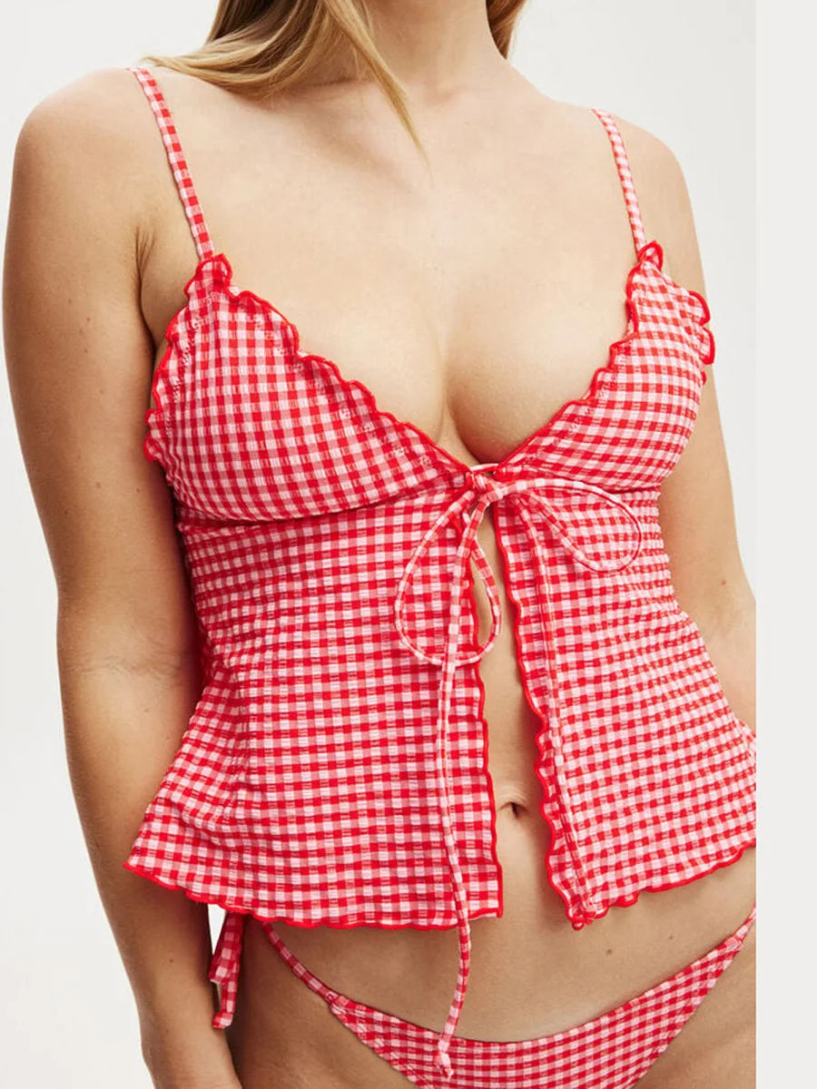 Hirigin Plaid Sleeveless Cami Top With Front Tie