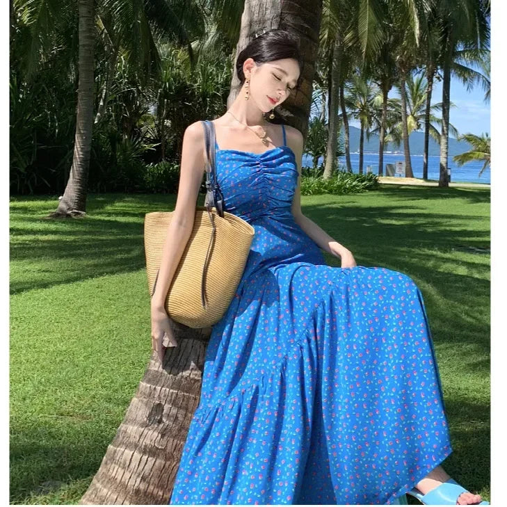 Hebei Floral Halter Dress For Women Butterfly Knot Back High Waist Sleeveless Empire Waist Beach Outfit