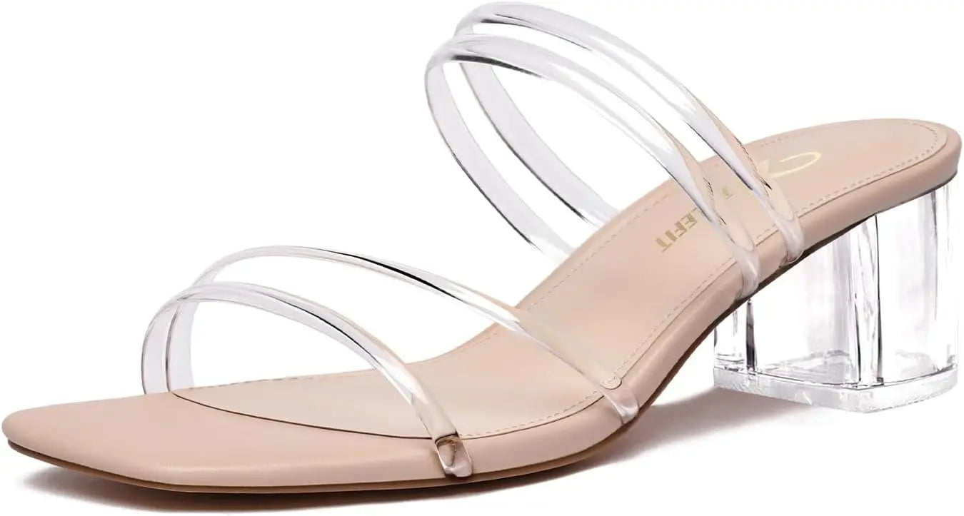 Women's Strappy Block Chunky Heels Fashion Square Open Toe Slip On Heeled Sandals