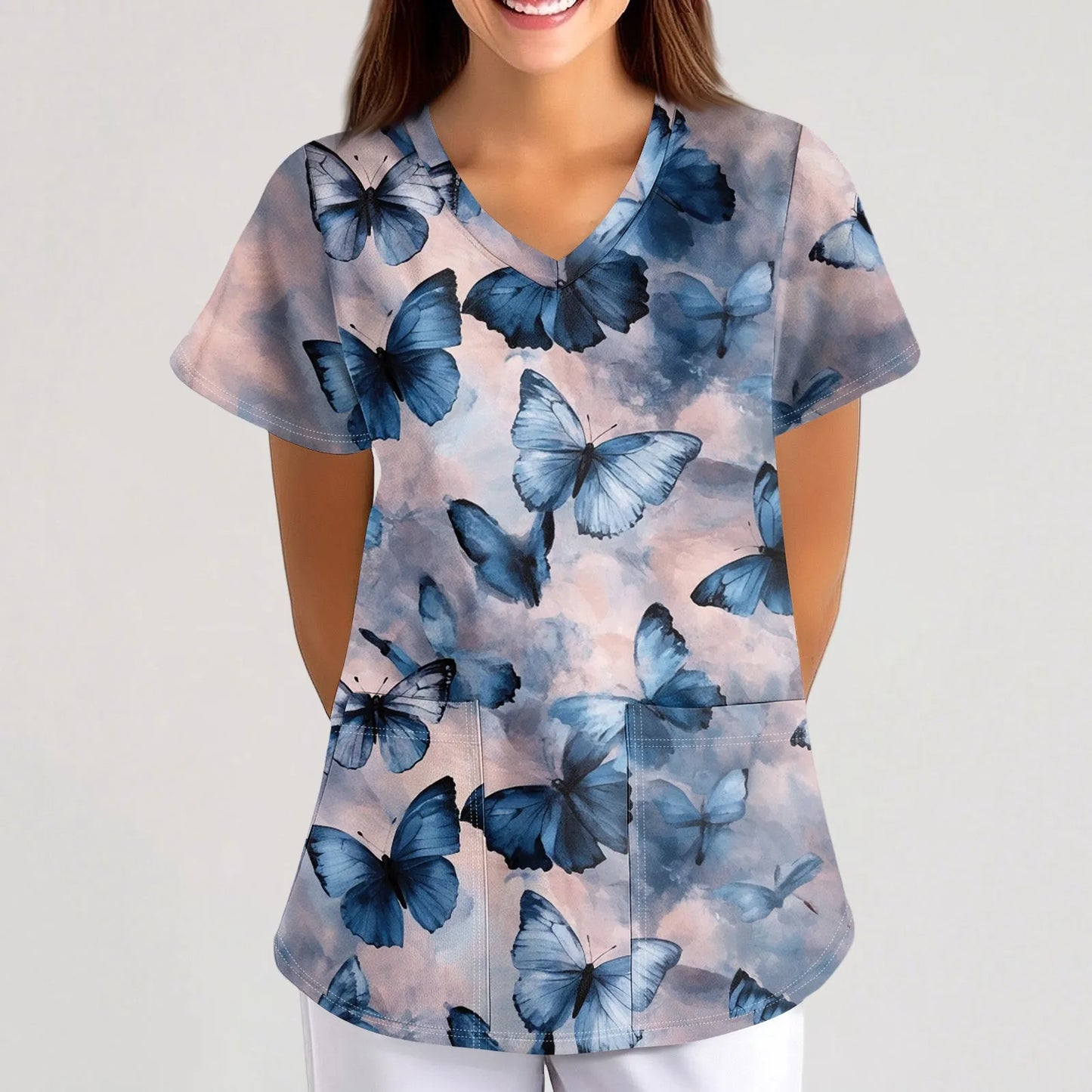 Eillysevens Women Nurse Uniform Cartoon Print Pocket Top