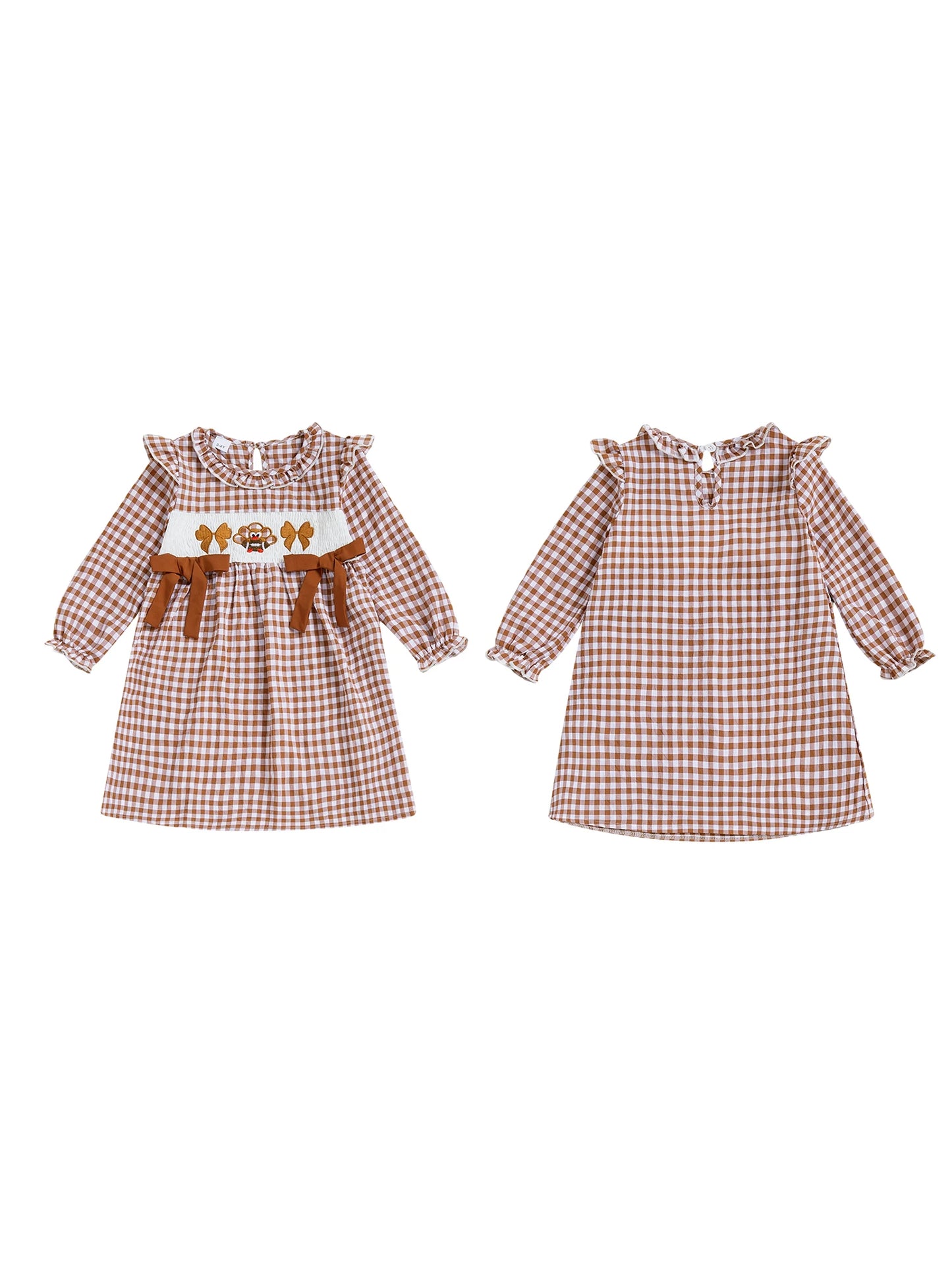 Girls Long Sleeve Crew Neck Plaid Embroidery Turkey Fall Dress for Thanksgiving Outfit