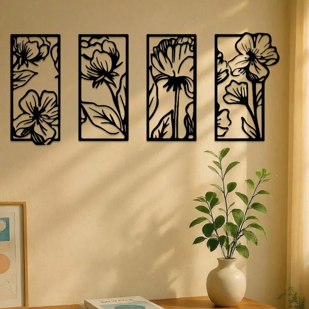 CIFBUY 4 Piece Metal Floral Wall Art Set
