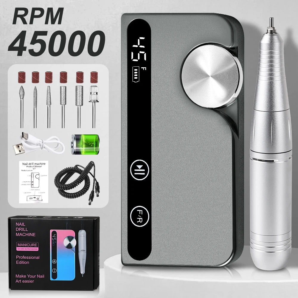 45000RPM Electric Nail Drill Polisher Rechargeable Professional Electric Nail Machine Kit for Home Acrylic Gel Nails Polishing
