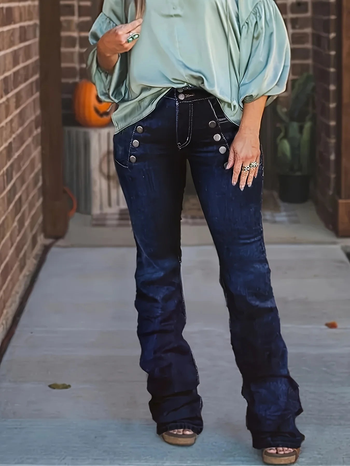 Women's mid high waisted elastic button deep blue micro flared denim pants