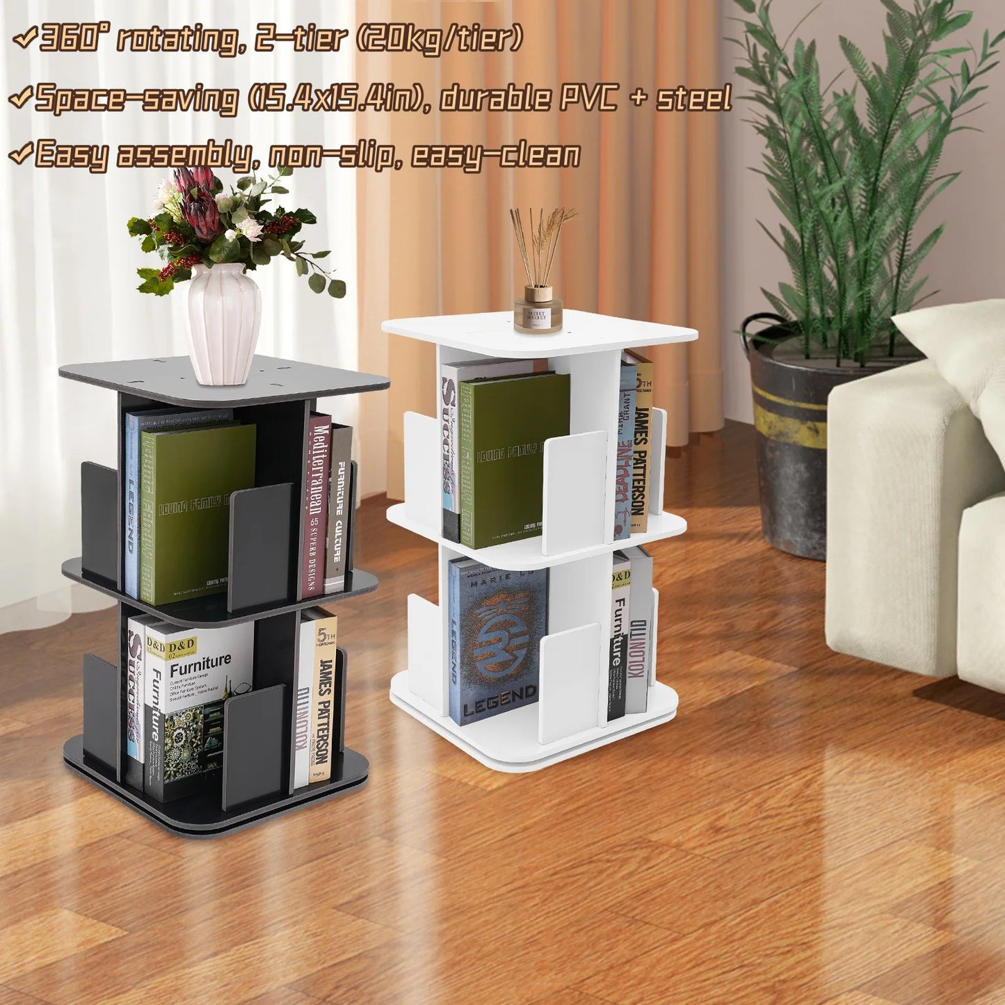 Bymaocar 360 Degree Rotating Bookshelf Two Tier Corner Bookcase