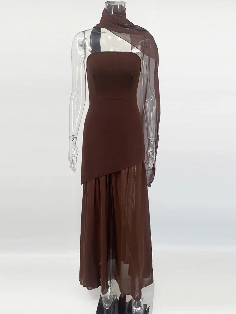 TARUXYCN Strapless Ribbon Dress Women Elegant Mesh Sleeveless Maxi Beach Vacation