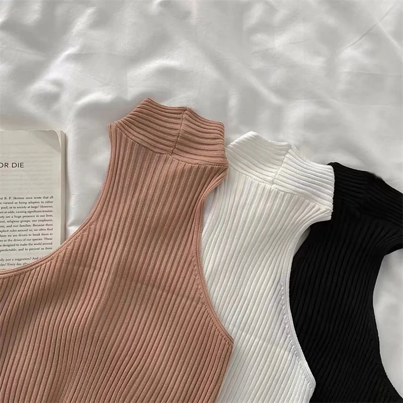 Women 2025 Summer Knit Cross Neck Crop Tops Sexy Slim Solid Backless Sleeveless Tank Tops Elastic Rib Design Underwear Camisoles