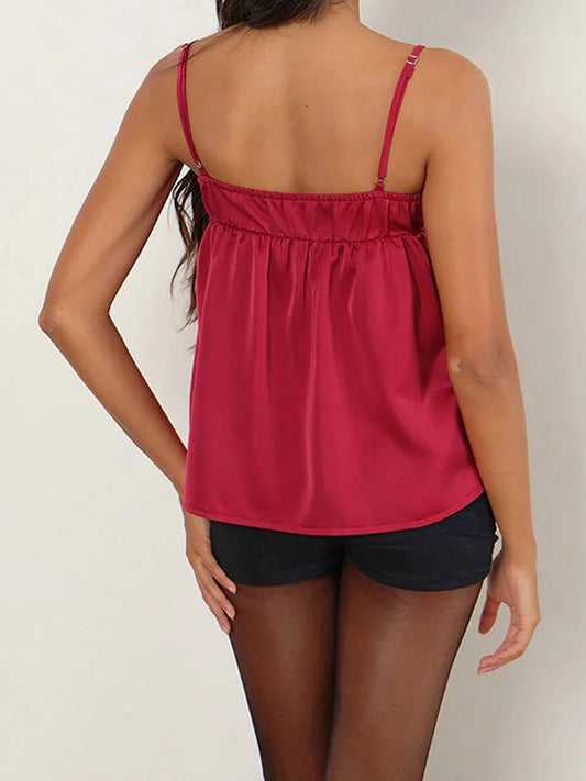 Hirigin Women Satin V Neck Sleeveless Blouse With Ruffle Hem