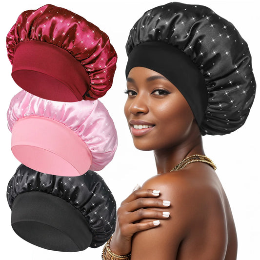 KYDZSWCN Satin Rhinestone Sleep Bonnet Headwrap Wide Band Cap