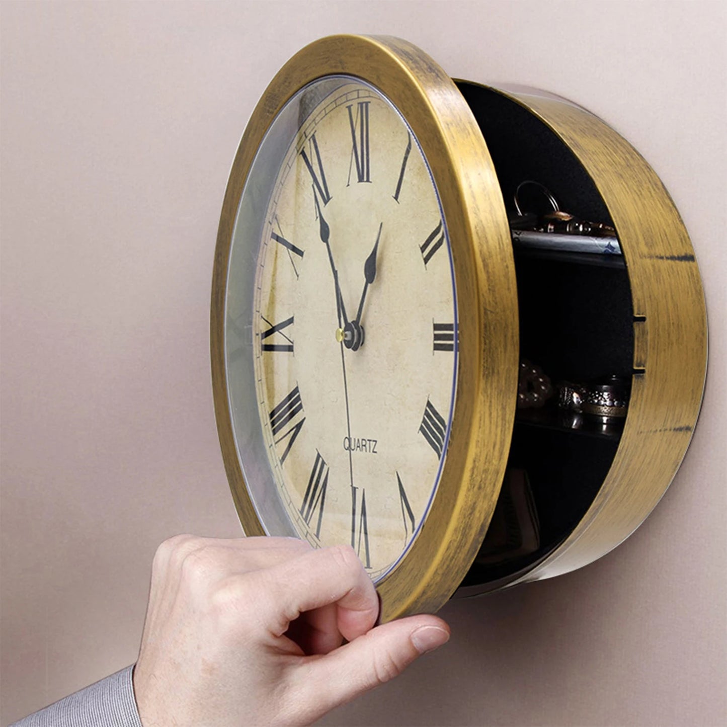 Wall Mounted Clock with Safe Simple and Generous Design Wall Clock & Safe for Hiding Money Jewelry Gold