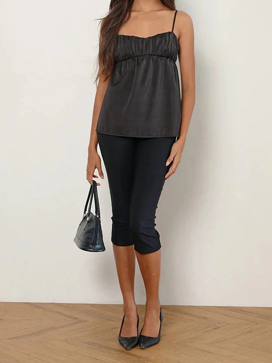 Hirigin Women Satin V Neck Sleeveless Blouse With Ruffle Hem