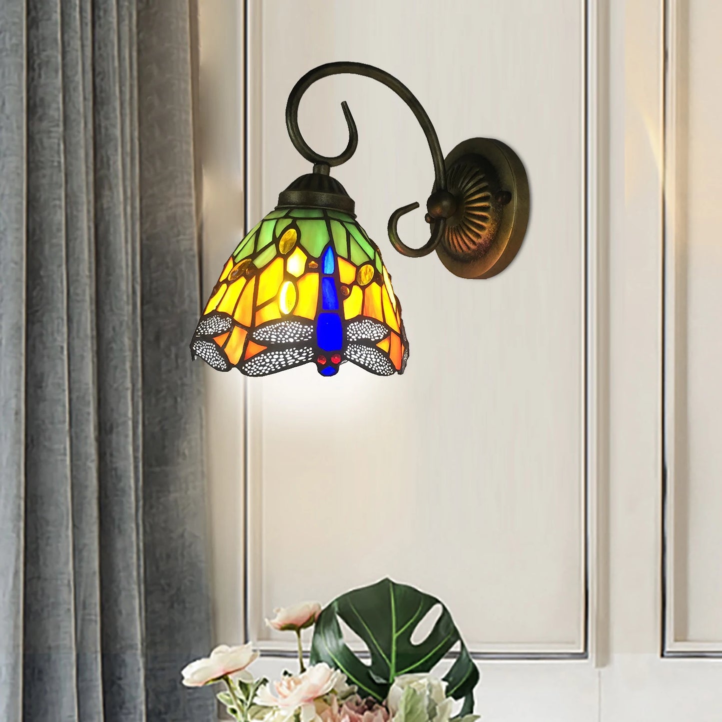Stained Glass Wall Light Dragonfly E27 Iron Sconce Classic