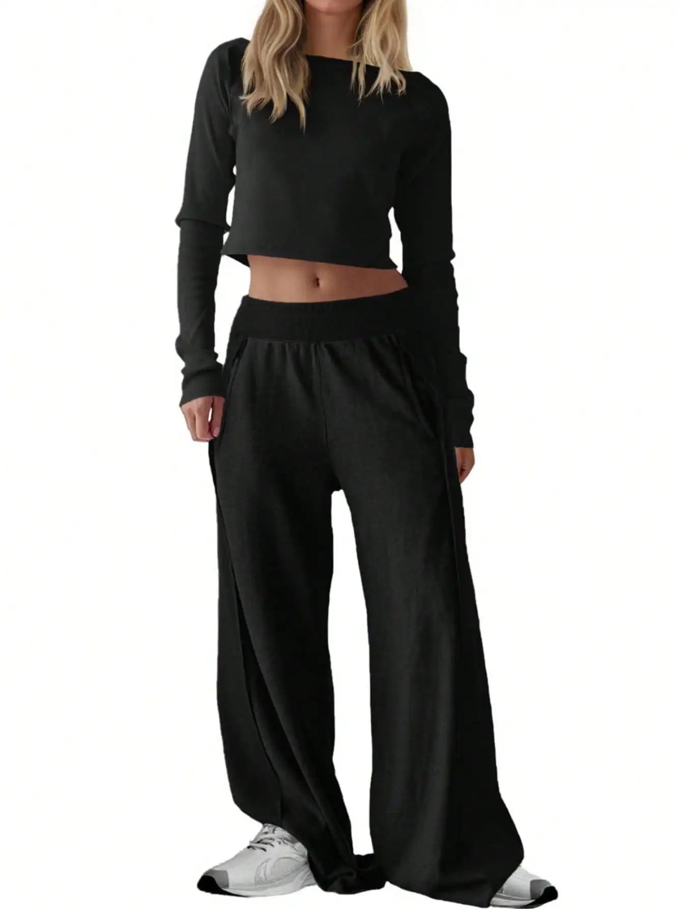 Fisoew Women Two Piece Set Off Shoulder Crop Top Wide Leg Pants Casual Lounge Wear Travel Outfit Long Sleeve Tracksuit