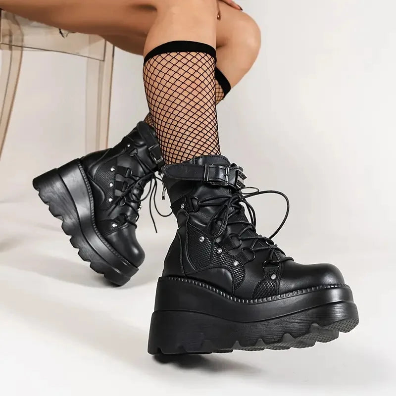 GIGIFOXCN Women Gothic Wedge Combat Ankle Boots Buckle Lace Up