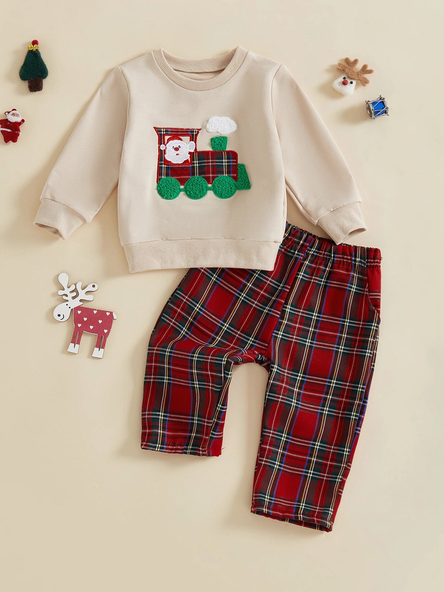Children's Christmas Outfit Santa Hoodie With Embroidered Sleeves And Plaid Pants