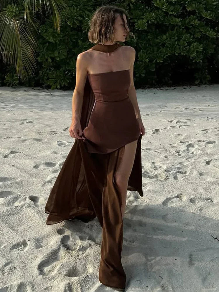 TARUXYCN Strapless Ribbon Dress Women Elegant Mesh Sleeveless Maxi Beach Vacation