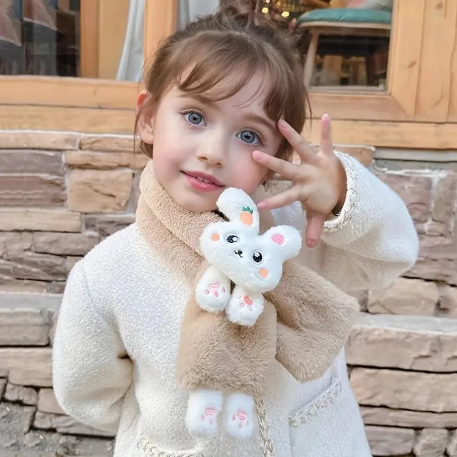 Cute Cartoon Rabbit Design Girls' Winter Warm Thick Plush Scarf with Faux Fur Protection