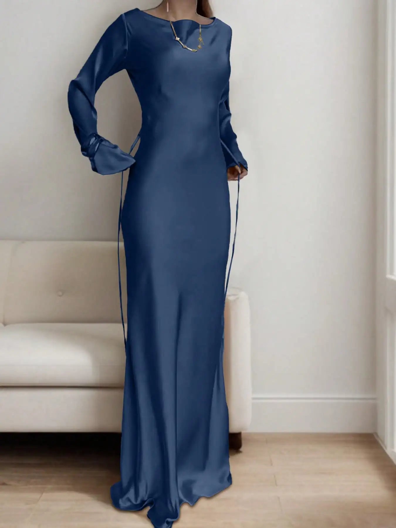 Satin Maxi Dress With Corset Waist Tie Round Neck