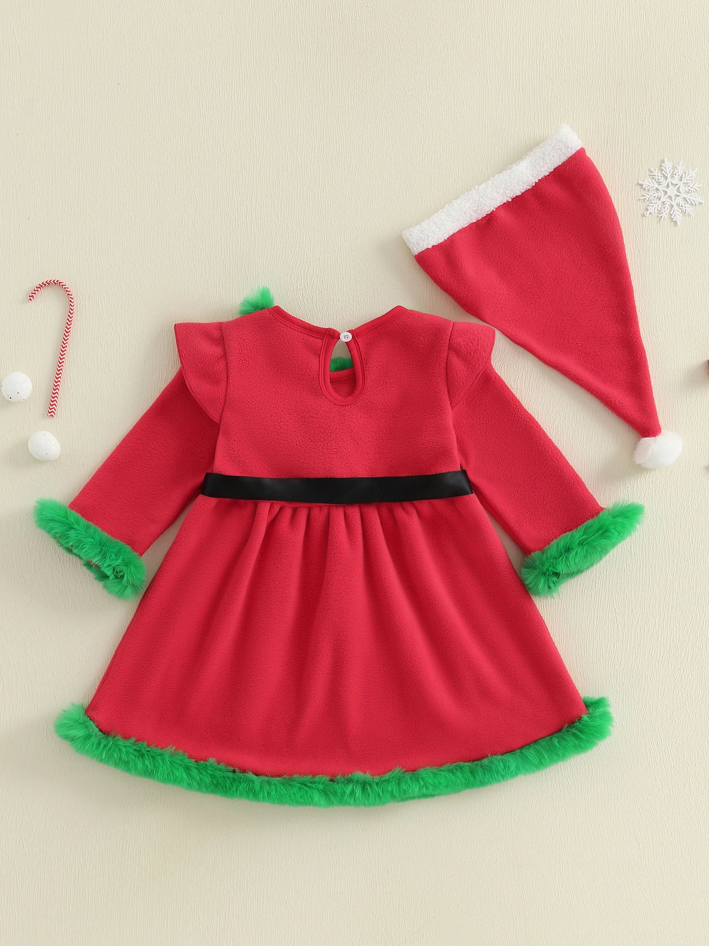 Christmas Girls A-line Dress with Flutter Sleeves Round Neck Belted Waist and Santa Hat - Festive Princess Dress for the