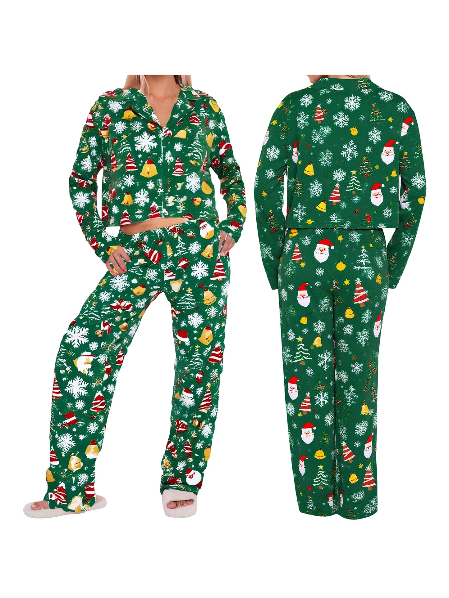 XBTCLXEBCOCN Women Festive Christmas Tree Print Pajama Set With Cozy Long Sleeve Button Up Top And Elastic Waist Pants