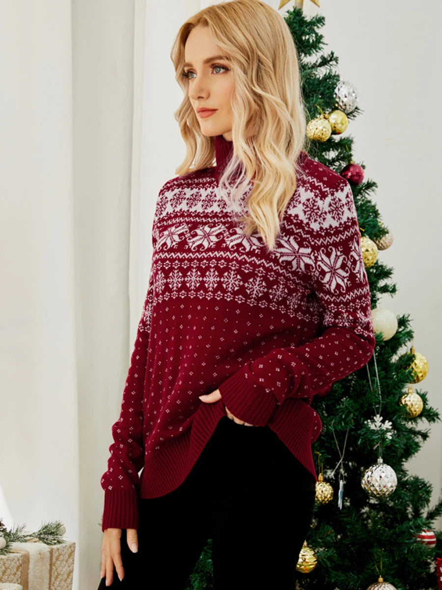 HiriginCN Womens Christmas Snowflake Knitted Sweater Long Sleeve High Neck Pullover Knitwear