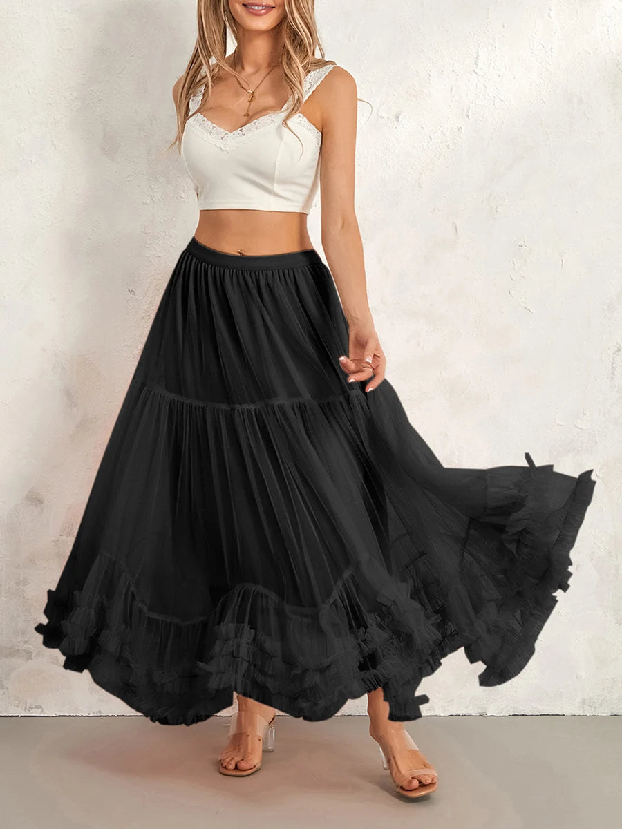 Women’s Tulle Long Skirts Elastic High Waist Ruffle Hem Tutu Skirts Fluffy A-line Midi Skirts