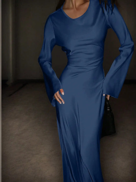 Satin Maxi Dress With Corset Waist Tie Round Neck