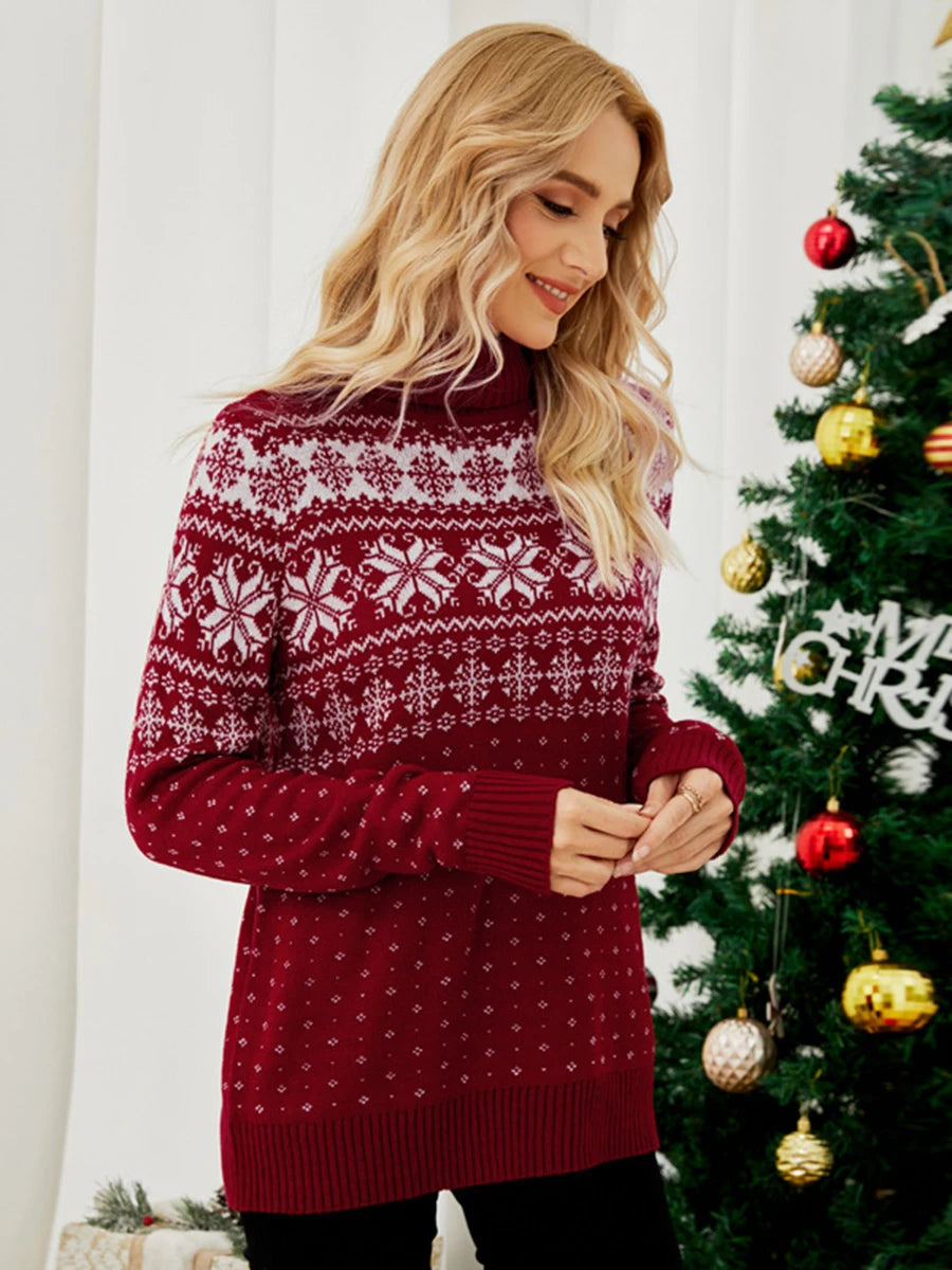 HiriginCN Womens Christmas Snowflake Knitted Sweater Long Sleeve High Neck Pullover Knitwear