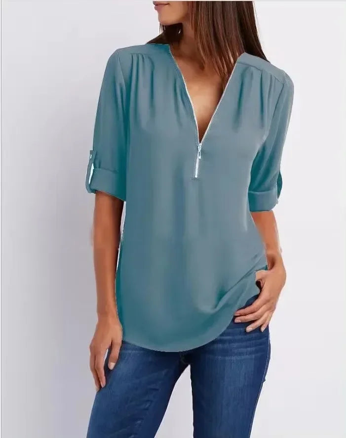 2025 Hot Sale Women Cool Loose Shirt Deep V Neck Chiffon Fashion Blouse Casual Ladies Tops Sexy Zipper Pullover Plus Size