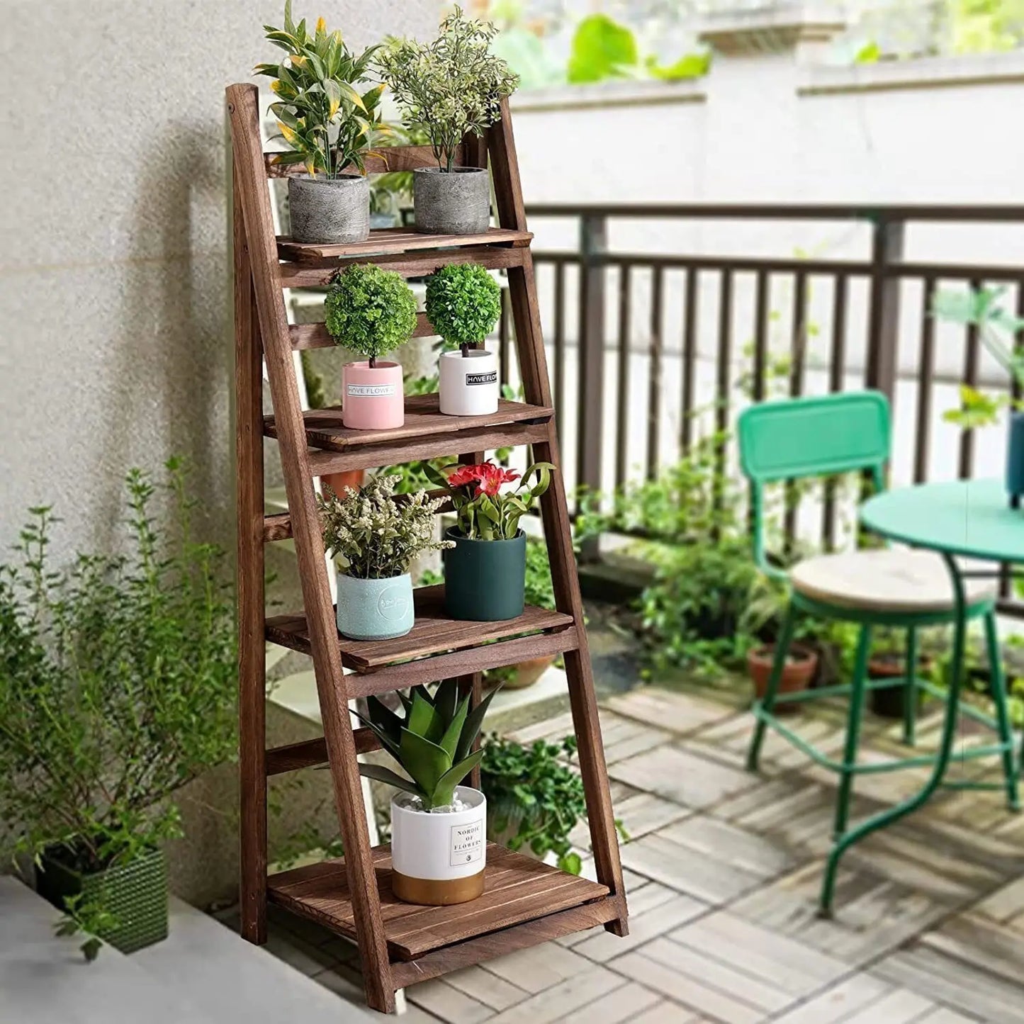 Folding 4 Tier Ladder Shelf Wood Storage Rack for Indoor Plants