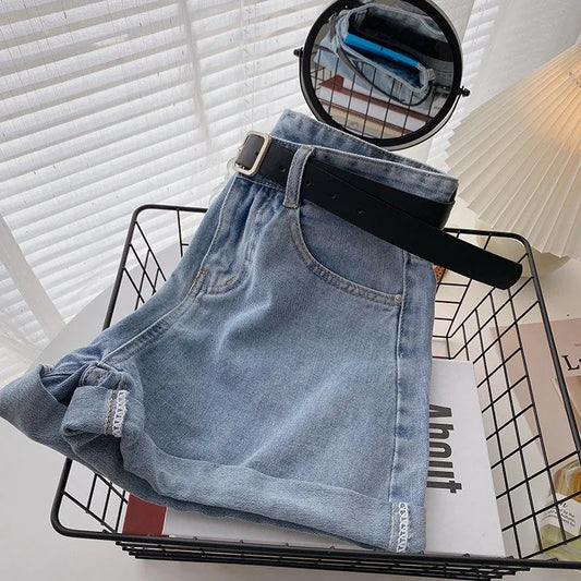 Linglsix Denim Shorts High Waist Belted Wide Leg For Women