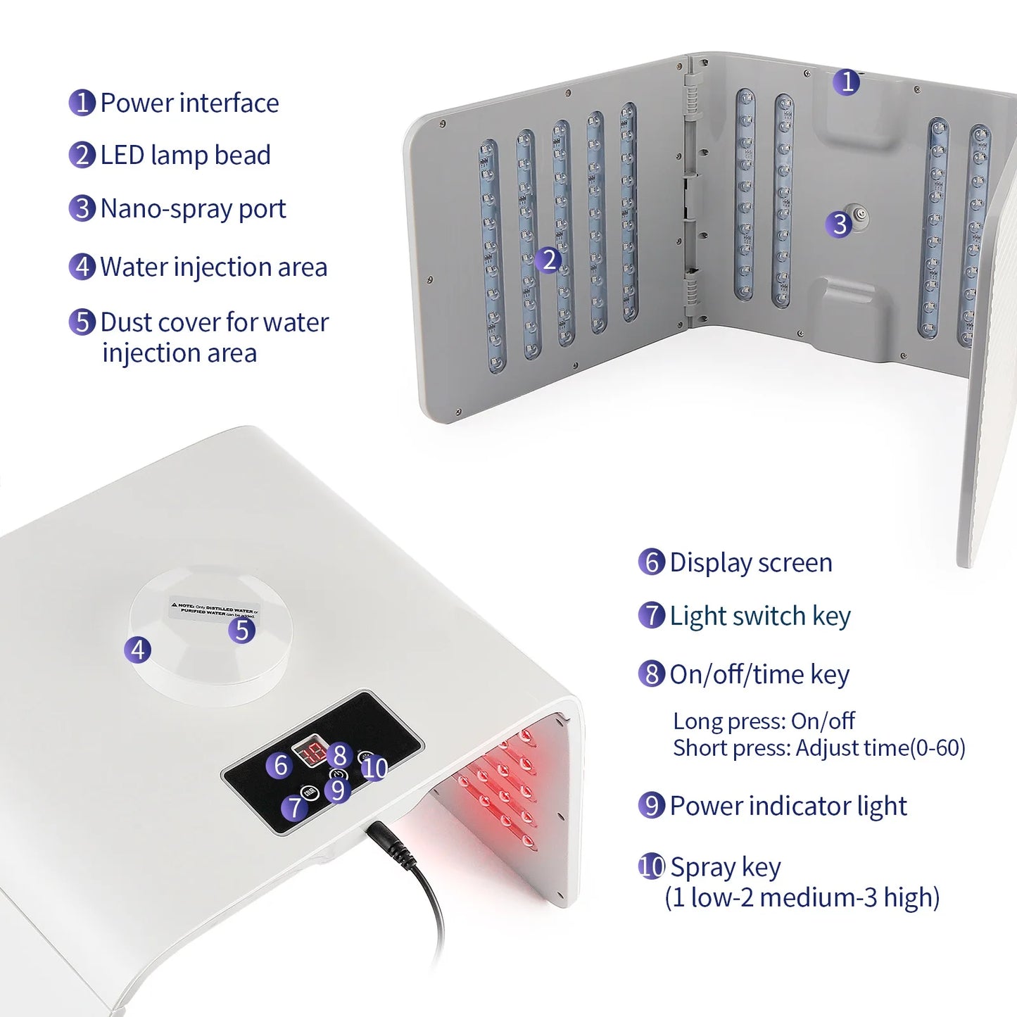 Foldable 7 Colors LED Photon Machine PDT Light Therapy with Nano Water Sprayer Skin Rejuvenation Lamp Red Blue Light SPA