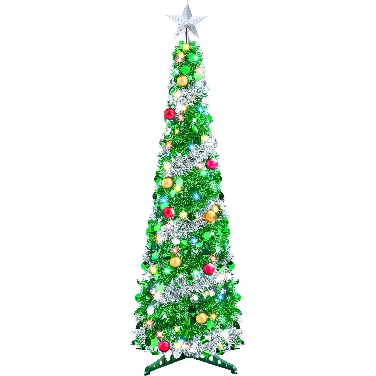 Joyfy Pop Up Christmas Tree With 50 LED Lights Collapsible Tinsel Decorations For Home Holiday Party