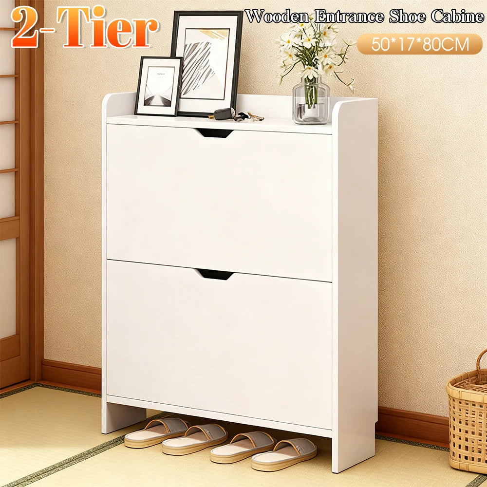 Highconcerned Shoe Cabinet Two Tier Wooden Entryway With Flip Drawers