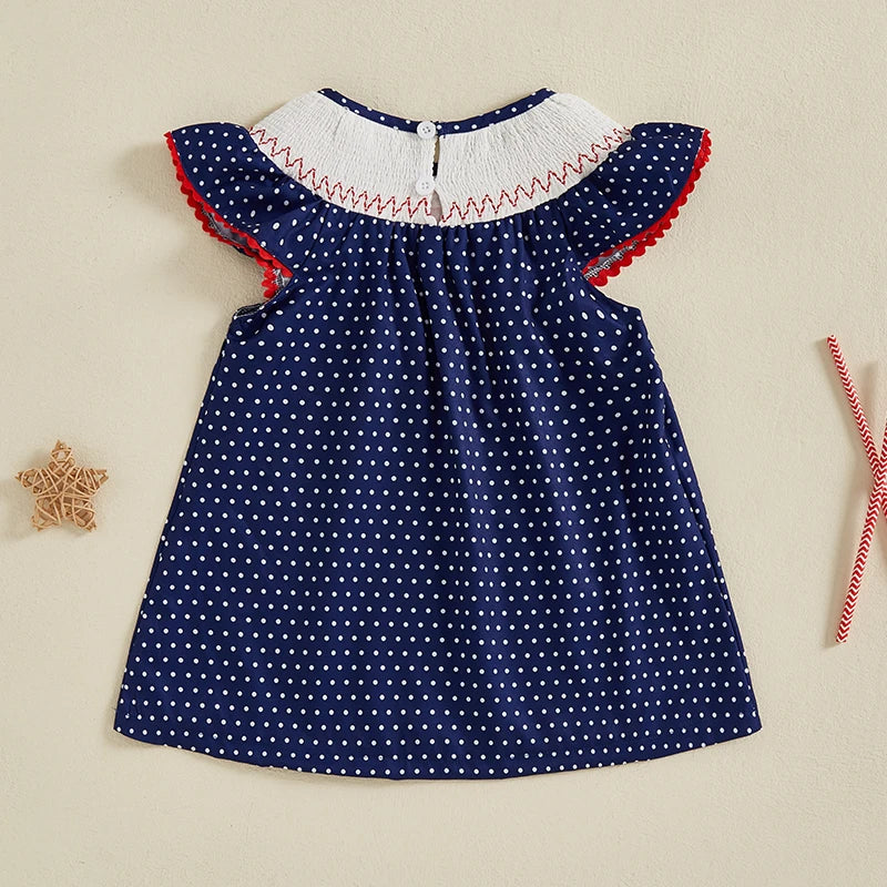 Girls American Flag Embroidered Dress with Polka Dot and Plaid Print Short Sleeve Toddler Dress for Patriotic Events and Cute