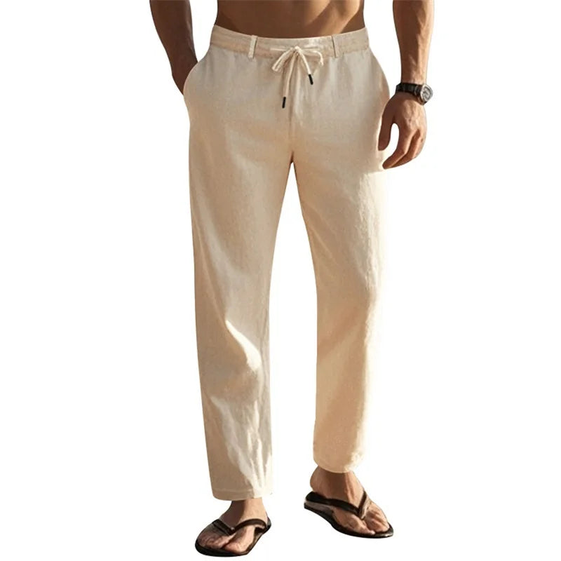 Men s Lightweight Drawstring Linen Pants with Pockets Comfortable Straight Leg Casual Trousers for Summer Beach Wear