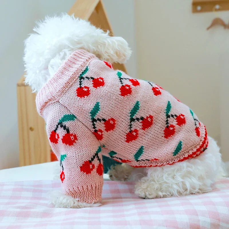 1PC Pet Clothes Dog Cat Thickened Warm Winter Autumn Pink Cherry Sweater Elastic Jumper Knitted Sweater