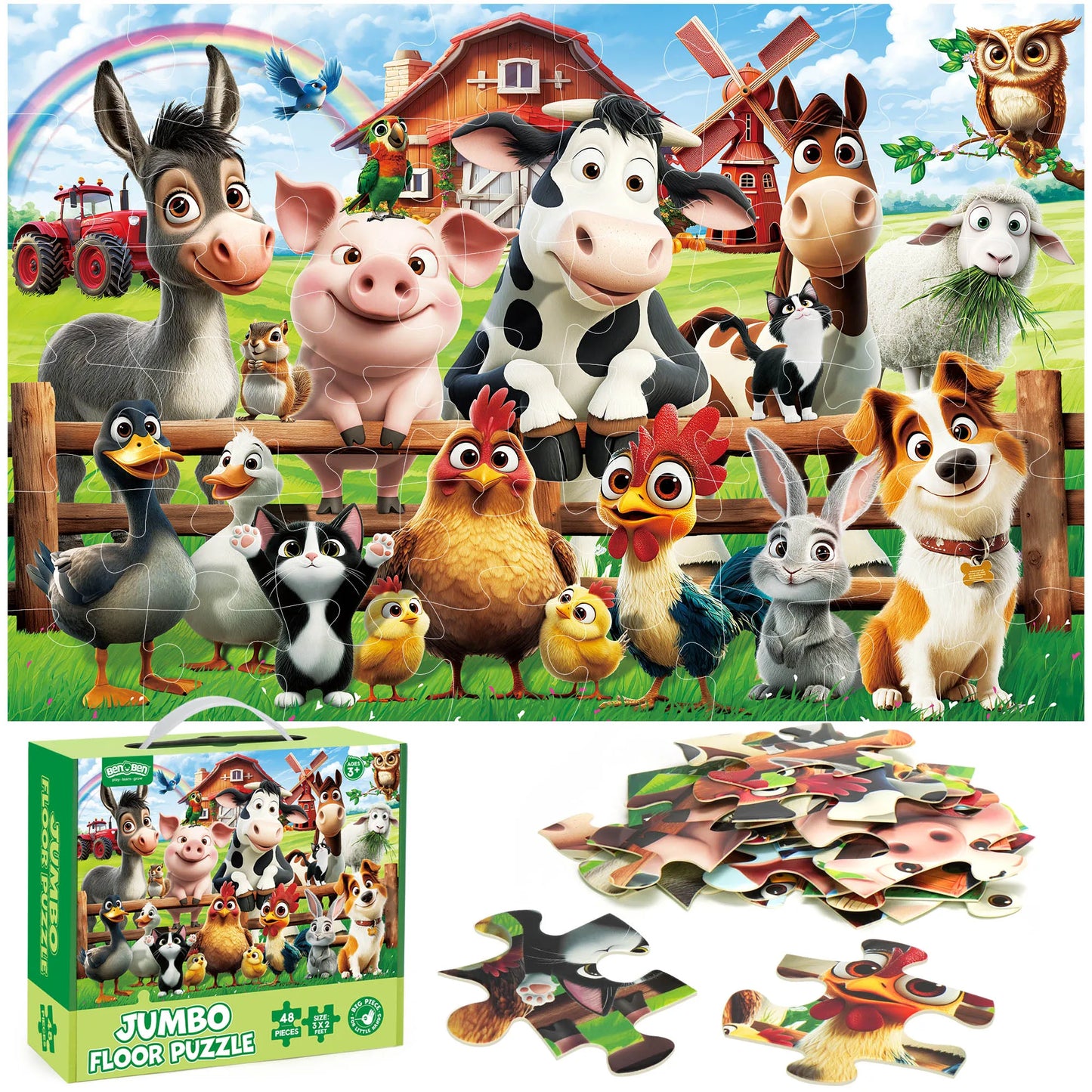 Floor Puzzles for Kids, 48pcs Farm Animals Puzzles for Kids Ages 4-6, Large Jigsaw Puzzles for Toddlers, Christmas Birthday Gift