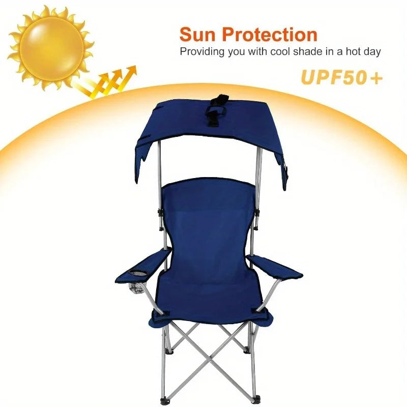 Fold Camping Chair With Canopy Sun Shade And Cup Holder