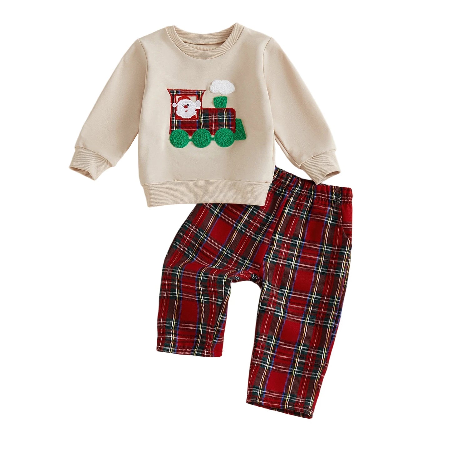 Children's Christmas Outfit Santa Hoodie With Embroidered Sleeves And Plaid Pants
