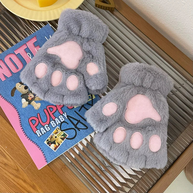 Lovely Plush Cat Claw Paw Gloves Plush Mittens Warm Soft Plush Short Fingerless Fluffy Bear Gloves Costume Half Finger Gloves