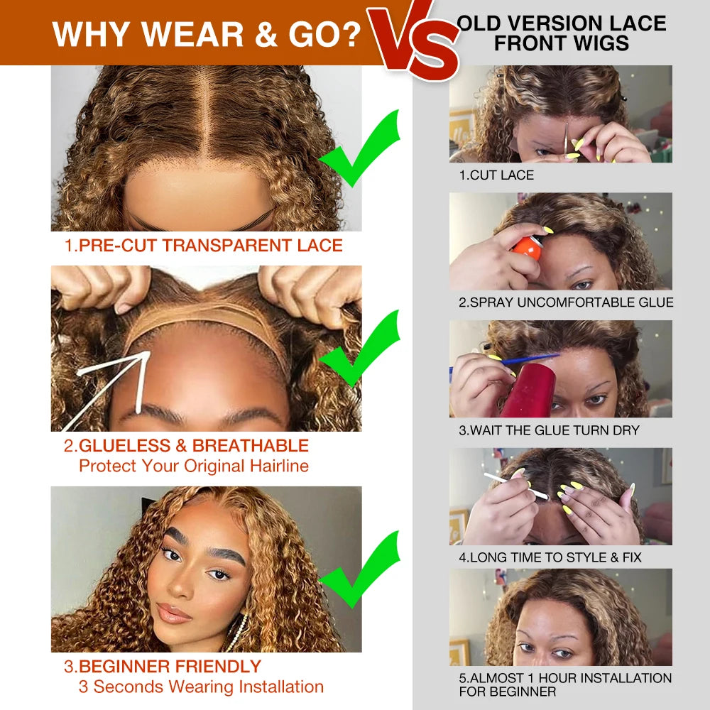 Honey Blonde Deep Wave Glueless Wigs 100% Human Hair Pre Cut Highlight Wear and Go Curly Wigs for Women Ombre HD Lace Front Wig