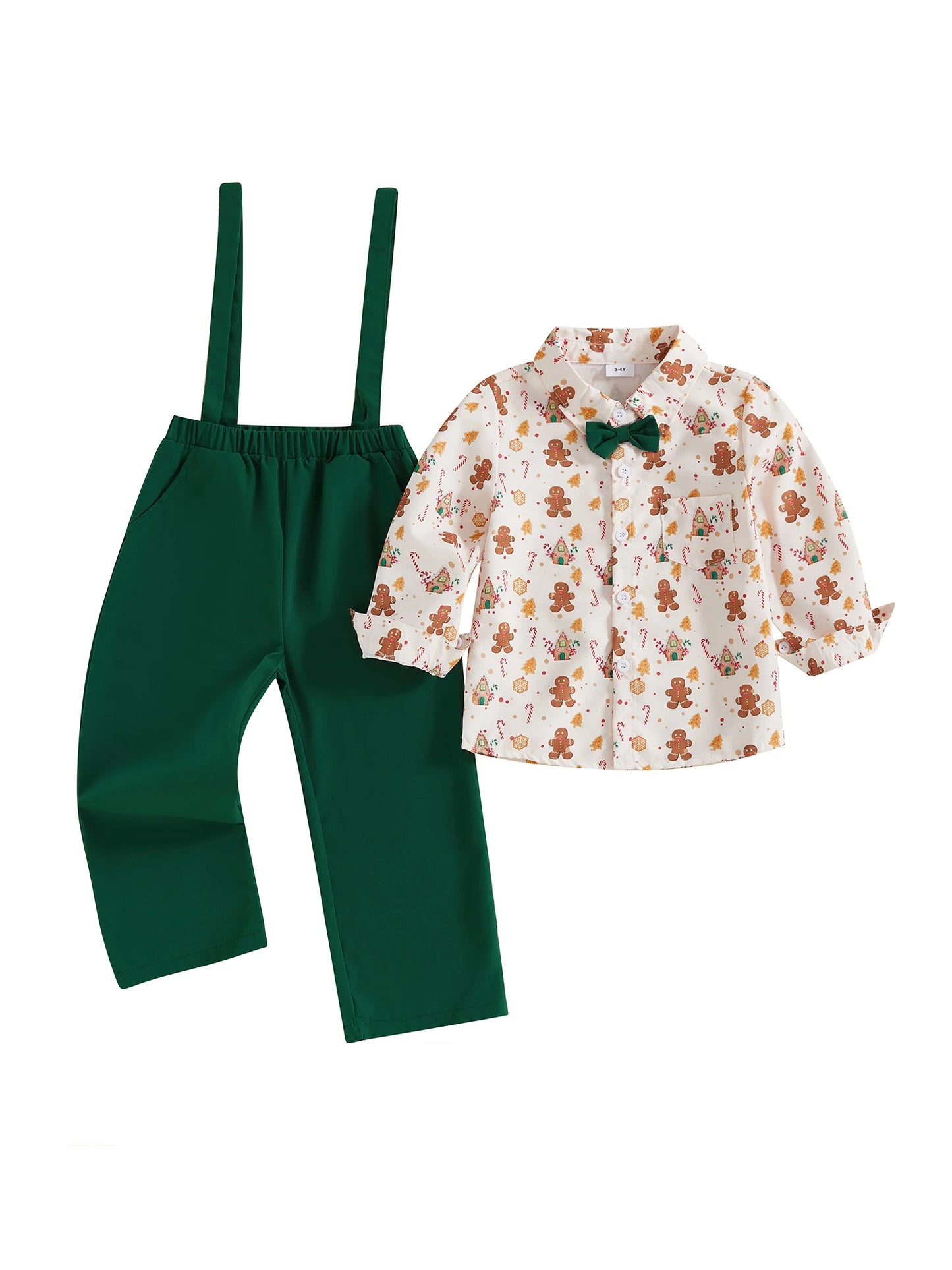 CN Guangdong Baby Boy Christmas Outfit Set Gingerbread Print Shirt Two Piece Overalls