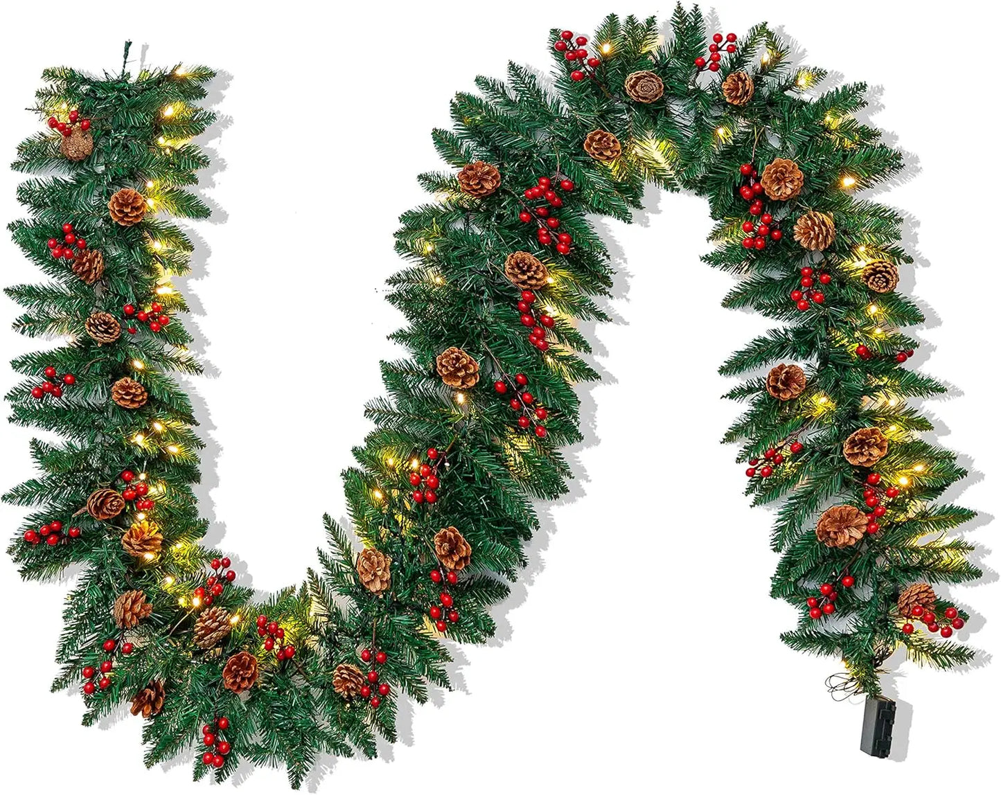 Joyfy Artificial Christmas Garland Prelit With LED Lights Pine Cones And Red Berries For Home Office Decor