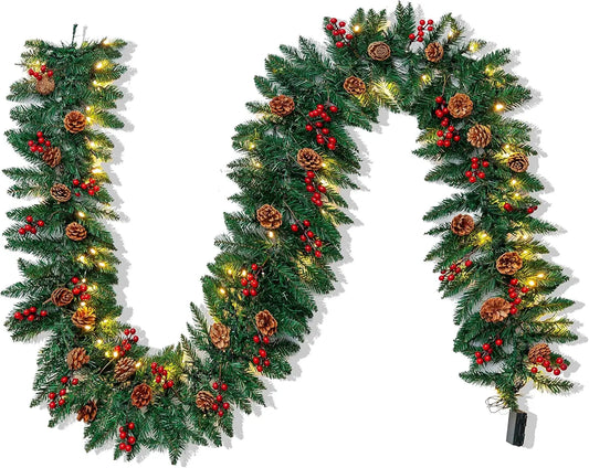 Joyfy Artificial Christmas Garland Prelit With LED Lights Pine Cones And Red Berries For Home Office Decor
