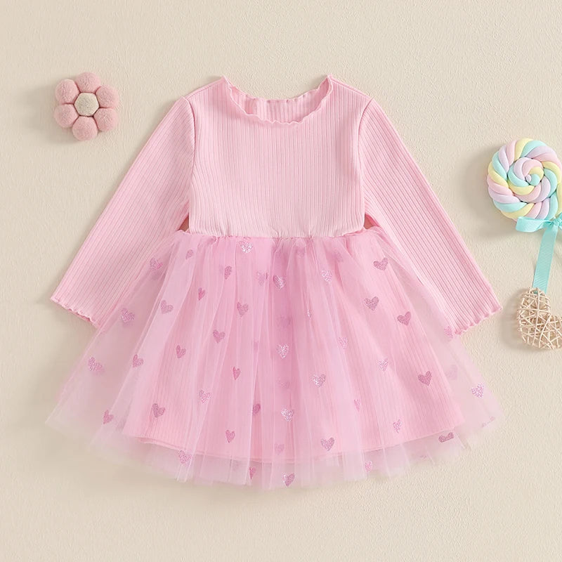 Girls Valentine s Day Heart Print Ruffle Sleeve Dress Toddler Kids Princess Party Dress with Tulle Skirt and Bow