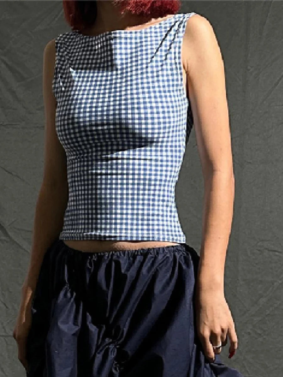 Hirigin Womens Plaid Cropped Tank Top Bow Backless Sleeveless Vest