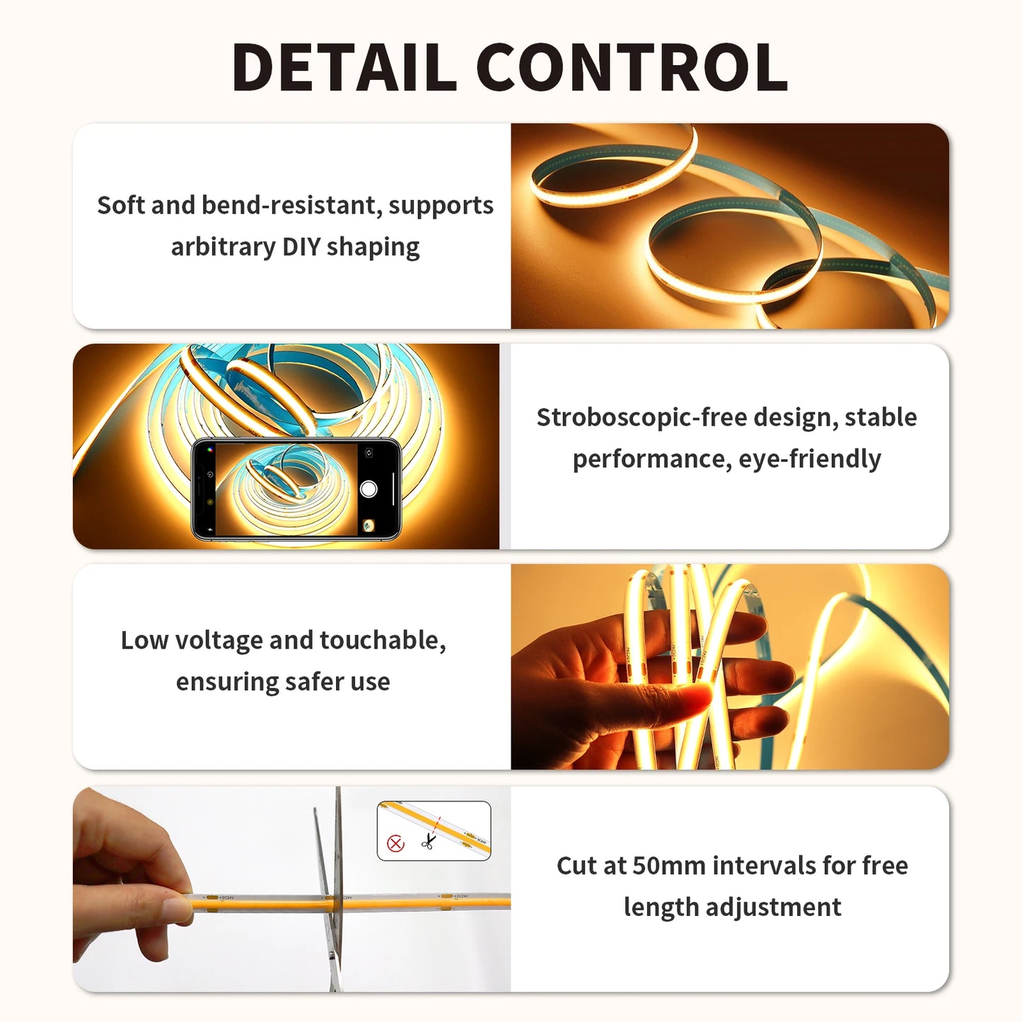 COB LED Strip Light 324led/m 6m 24V Warm/Natural/Cold White High CRI 90+ with RF Remote Flexible Light Strip for Bedroom Kitchen