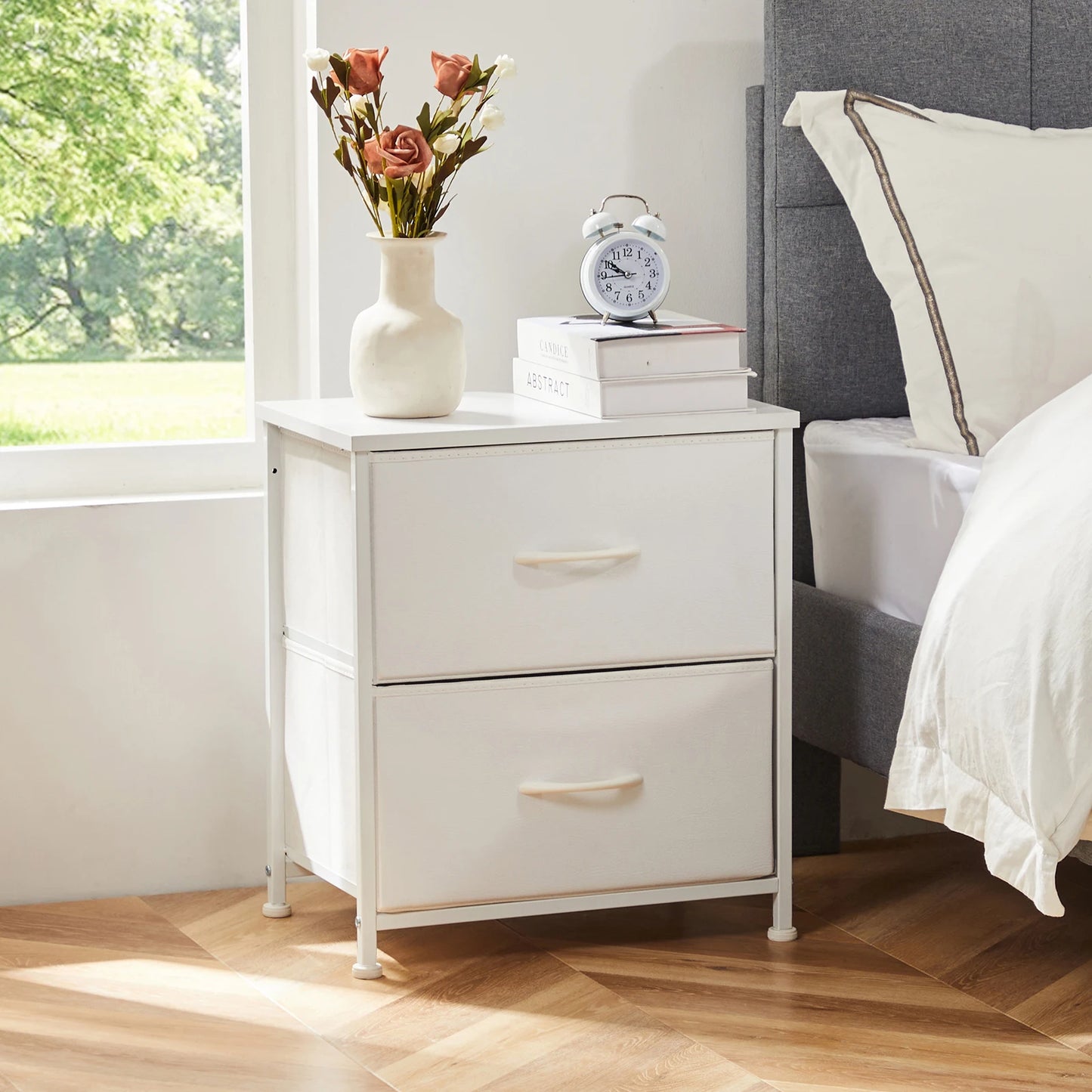 JHK Nightstand Bedside Table With 2 Fabric Drawers Storage Cabinet