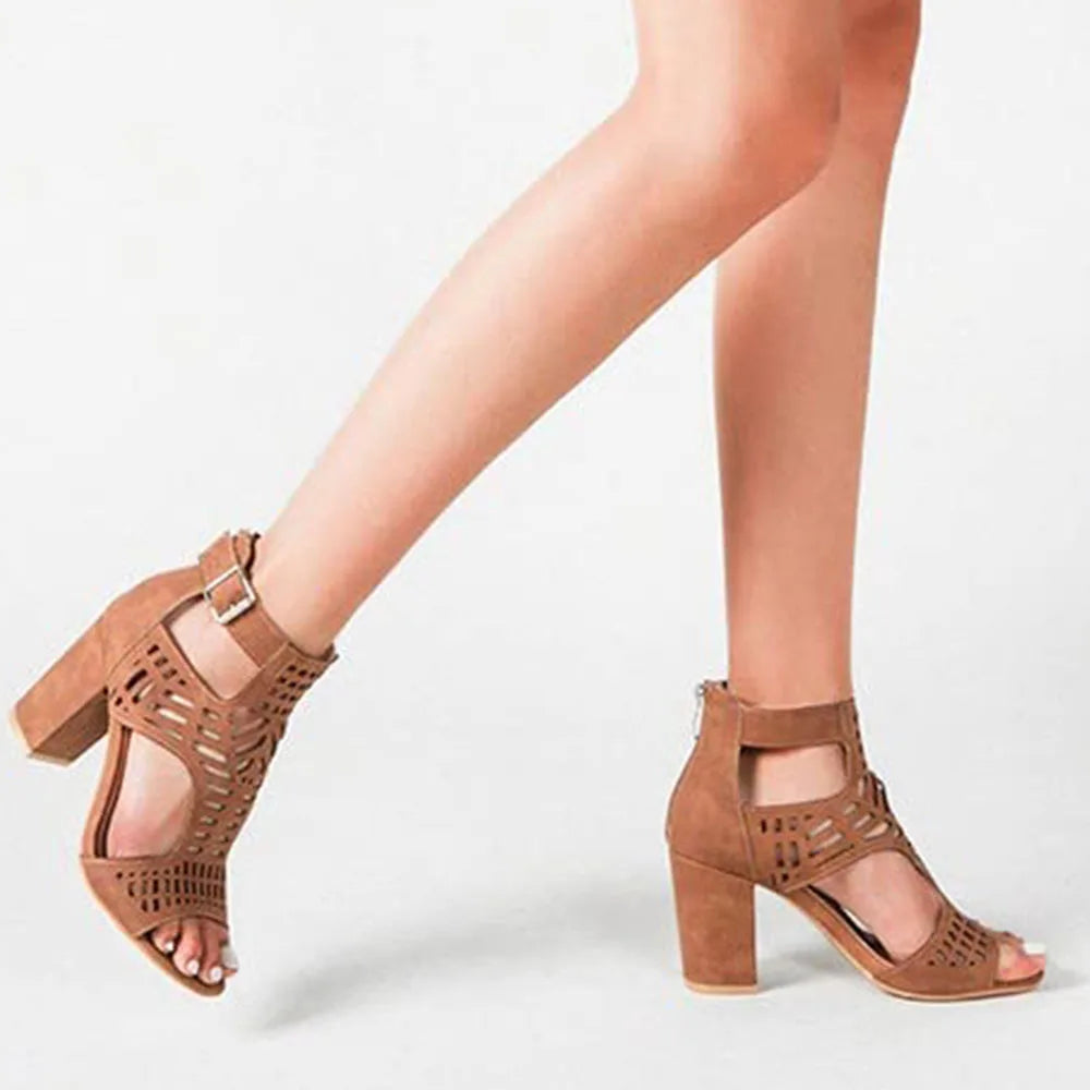 DoraTasia New Fashion Concise Women's Buckle High Heel Sandals Retro Hollow Out Design Chunky Heel Nightclub Ladies Sandals